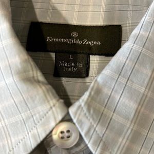 ERMENEGILDO ZEGNA KHAKI & BLUE STRIPED COTTON LONG SLEEVE DRESS SHIRT LG